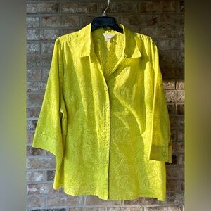 C. J. Banks woman’s Vibrant LimeYellow Button-Up Shirt Paisley Sheer 3/4Sleeve.